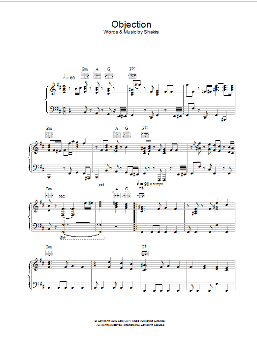 Shakira Objection sheet music notes and chords arranged for Piano, Vocal & Guitar Chords