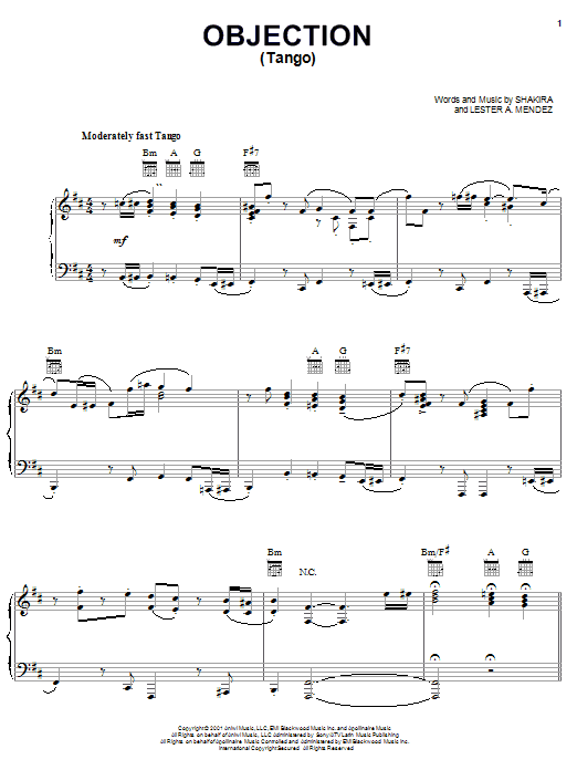 Shakira Objection (Tango) sheet music notes and chords arranged for Piano, Vocal & Guitar Chords (Right-Hand Melody)