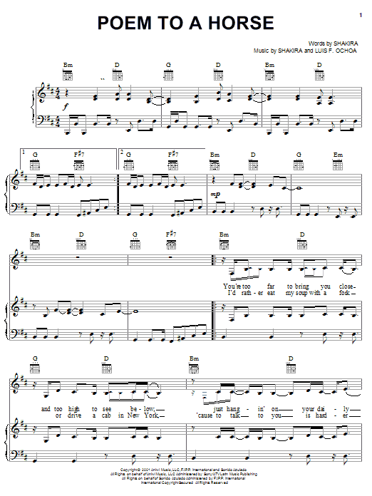 Shakira Poem To A Horse sheet music notes and chords arranged for Piano, Vocal & Guitar Chords (Right-Hand Melody)