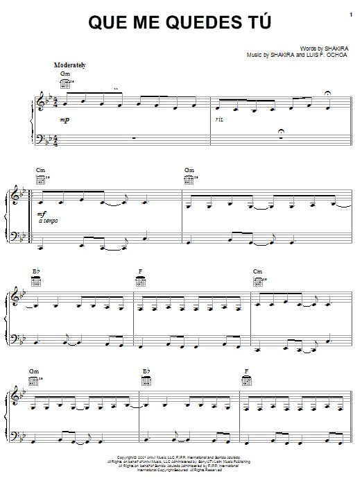 Shakira Que Me Quedes Tu sheet music notes and chords arranged for Piano, Vocal & Guitar Chords (Right-Hand Melody)