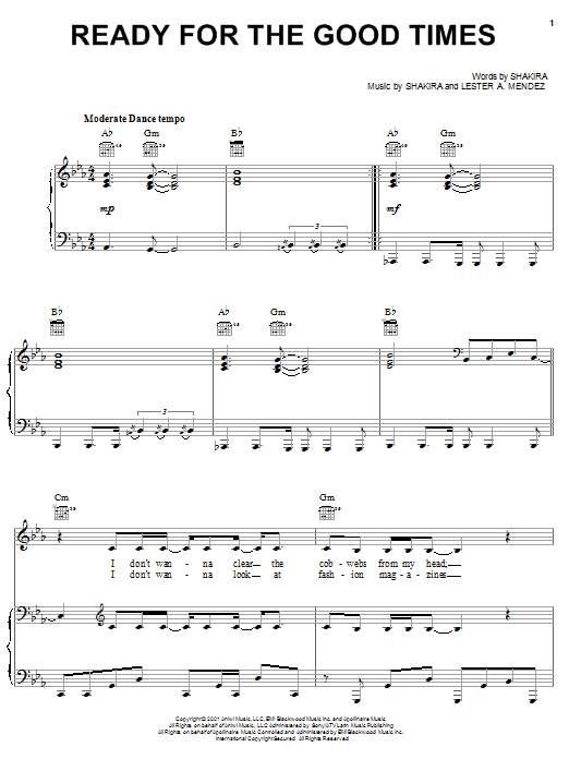 Shakira Ready For The Good Times sheet music notes and chords arranged for Piano, Vocal & Guitar Chords (Right-Hand Melody)