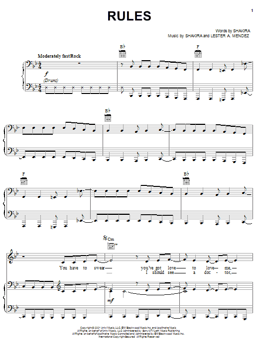 Shakira Rules sheet music notes and chords arranged for Piano, Vocal & Guitar Chords (Right-Hand Melody)