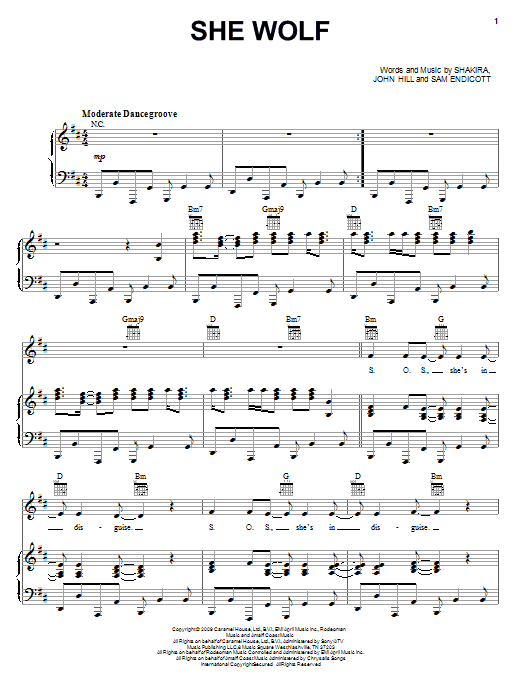 Shakira She Wolf sheet music notes and chords arranged for Piano, Vocal & Guitar Chords (Right-Hand Melody)