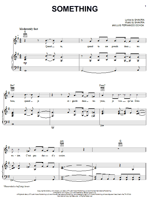 Shakira Something sheet music notes and chords arranged for Piano, Vocal & Guitar Chords (Right-Hand Melody)