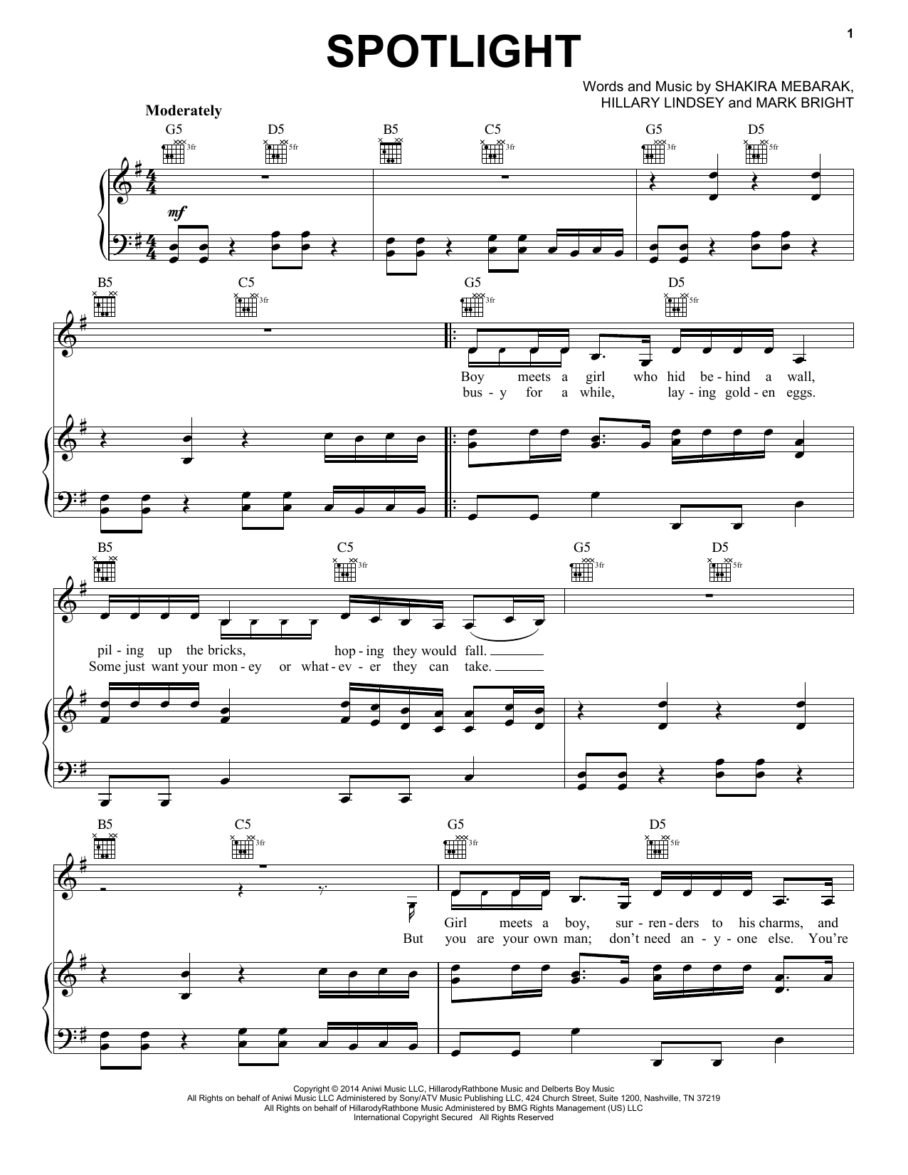 Shakira Spotlight sheet music notes and chords arranged for Piano, Vocal & Guitar Chords (Right-Hand Melody)