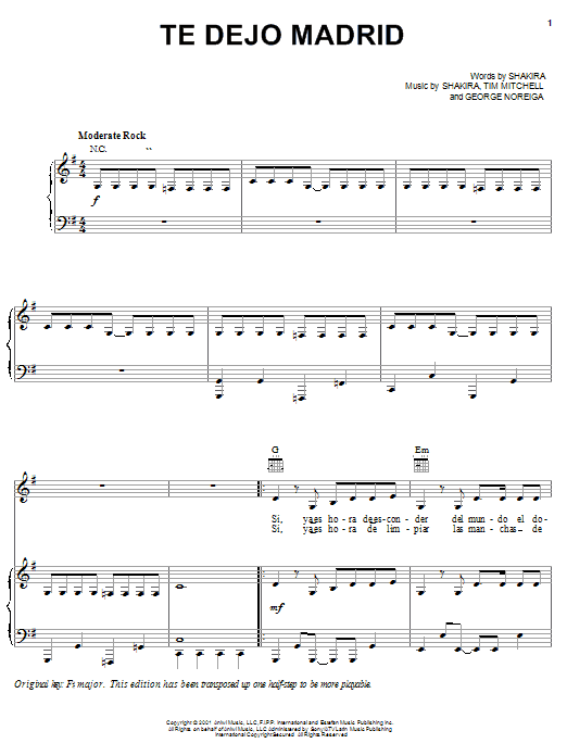 Shakira Te Dejo Madrid sheet music notes and chords arranged for Piano, Vocal & Guitar Chords (Right-Hand Melody)