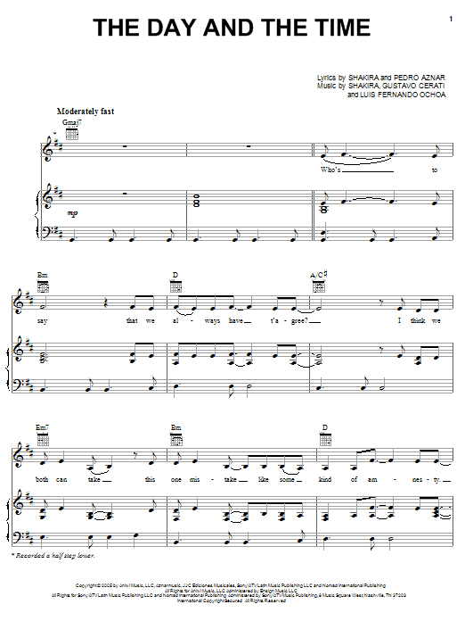 Shakira The Day And The Time sheet music notes and chords arranged for Piano, Vocal & Guitar Chords (Right-Hand Melody)