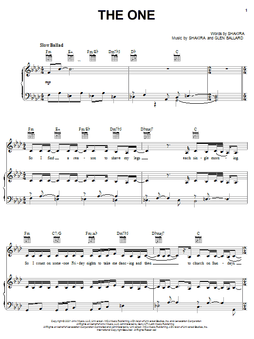 Shakira The One sheet music notes and chords arranged for Piano, Vocal & Guitar Chords (Right-Hand Melody)