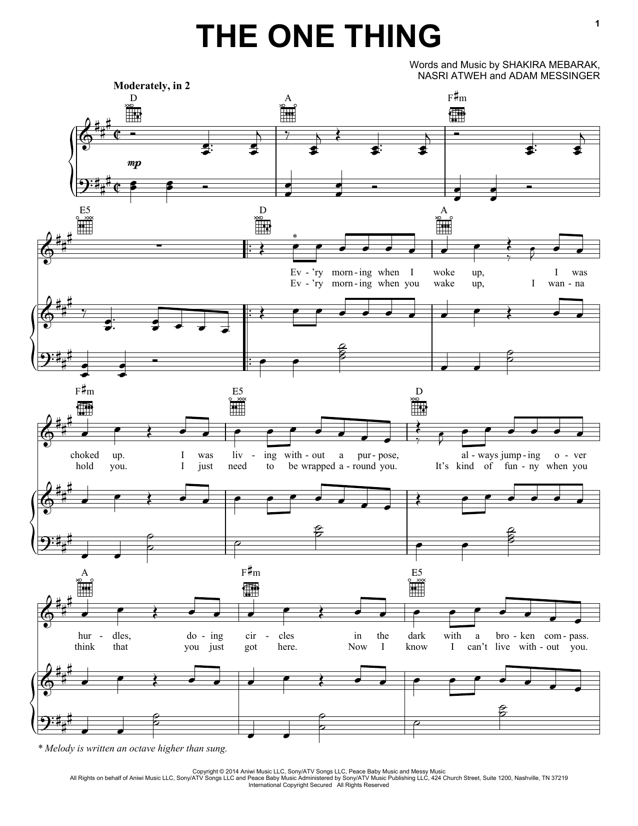 Shakira The One Thing sheet music notes and chords arranged for Piano, Vocal & Guitar Chords (Right-Hand Melody)