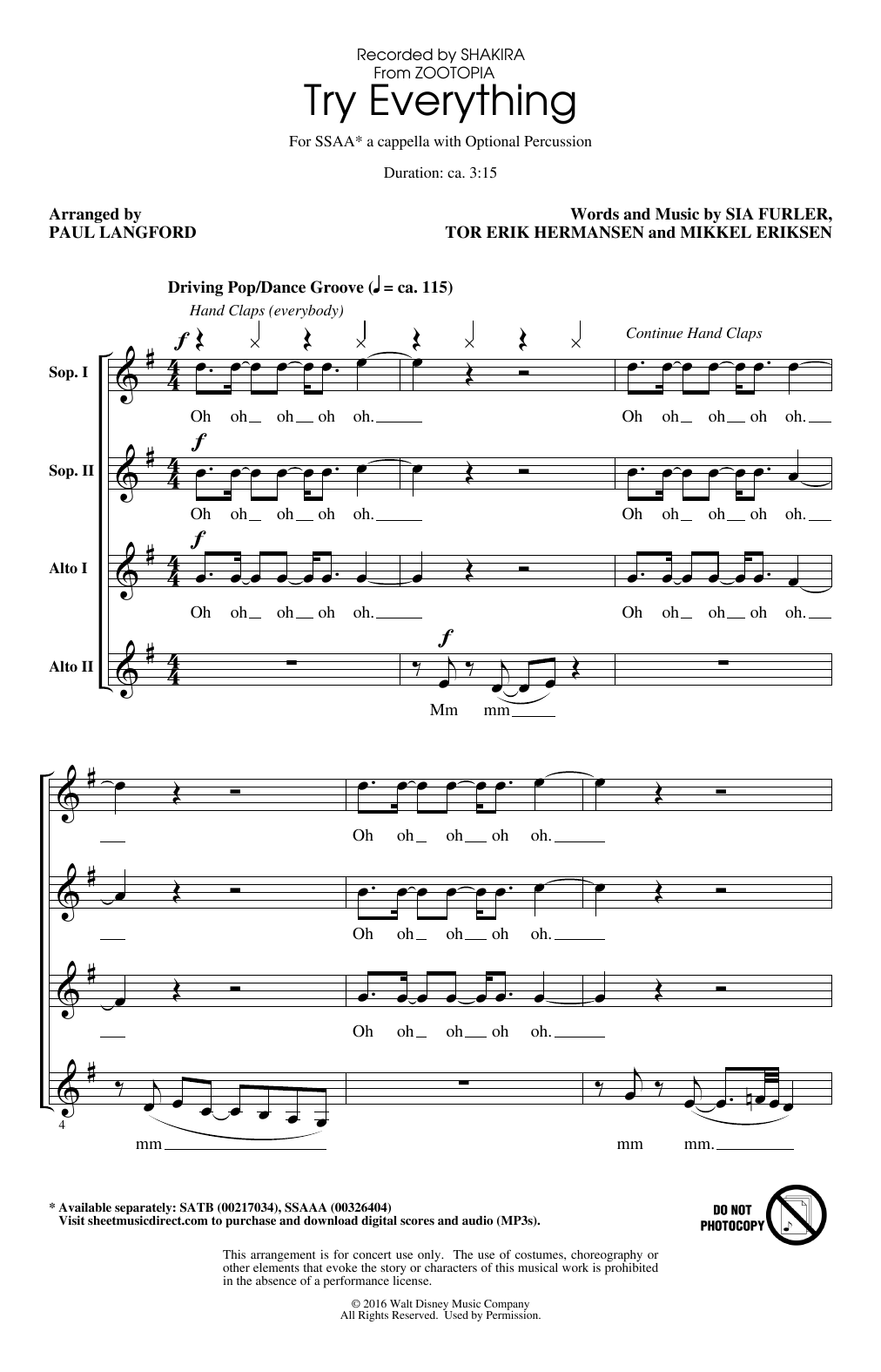 Shakira Try Everything (arr. Paul Langford) sheet music notes and chords arranged for SSAA Choir