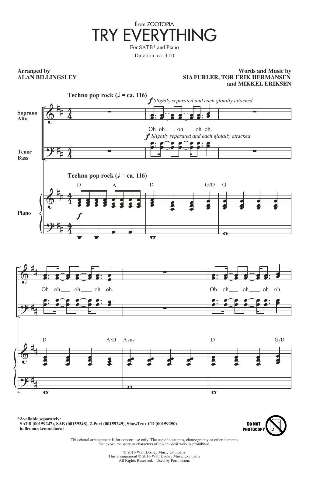 Shakira Try Everything (from Zootopia) (arr. Alan Billingsley) sheet music notes and chords arranged for SATB Choir