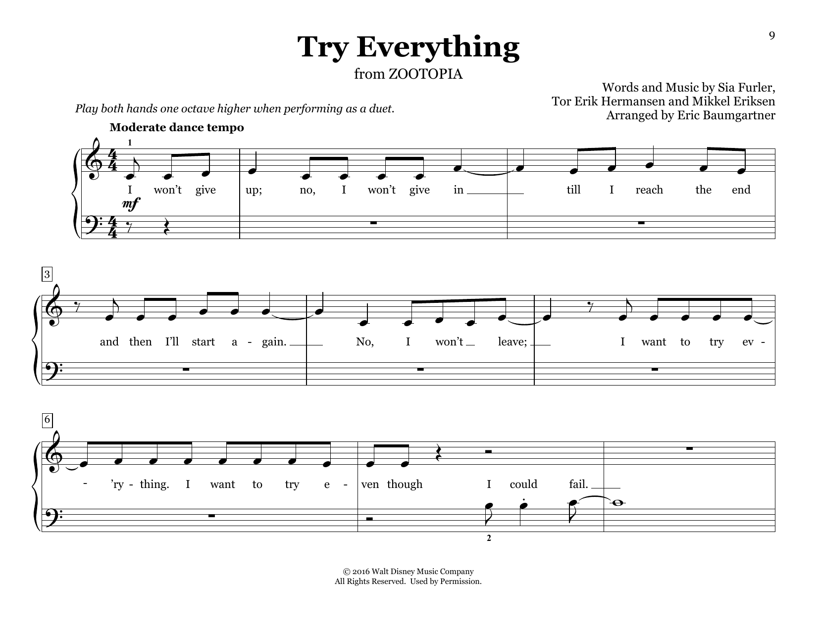 Shakira Try Everything (from Zootopia) (arr. Eric Baumgartner) sheet music notes and chords arranged for Piano Duet