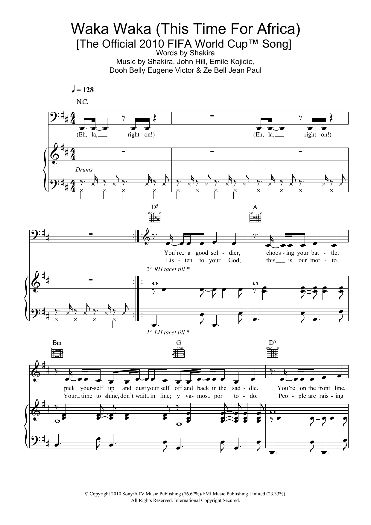 Shakira Waka Waka (This Time For Africa) (featuring Freshlyground) sheet music notes and chords arranged for Piano, Vocal & Guitar Chords