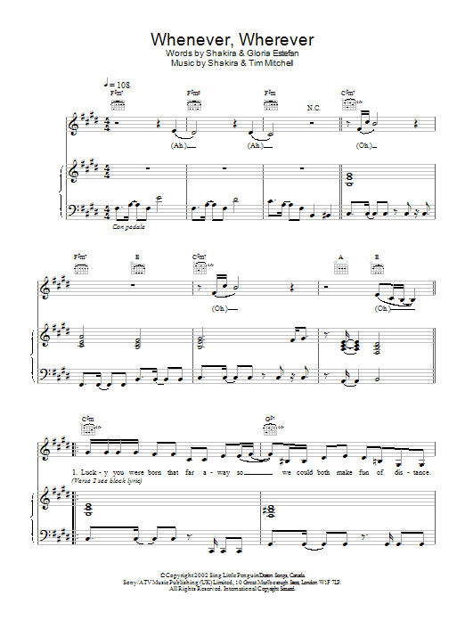 Shakira Whenever, Wherever sheet music notes and chords arranged for Piano, Vocal & Guitar Chords