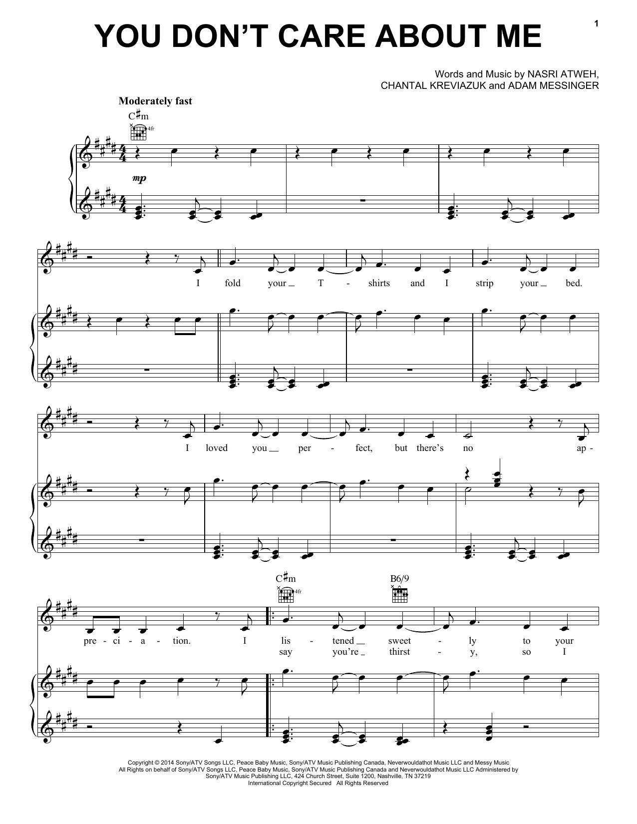 Shakira You Don't Care About Me sheet music notes and chords arranged for Piano, Vocal & Guitar Chords (Right-Hand Melody)