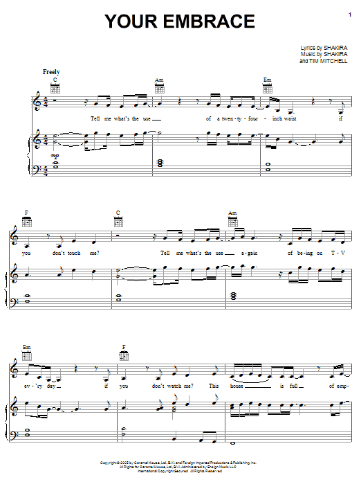 Shakira Your Embrace sheet music notes and chords arranged for Piano, Vocal & Guitar Chords (Right-Hand Melody)