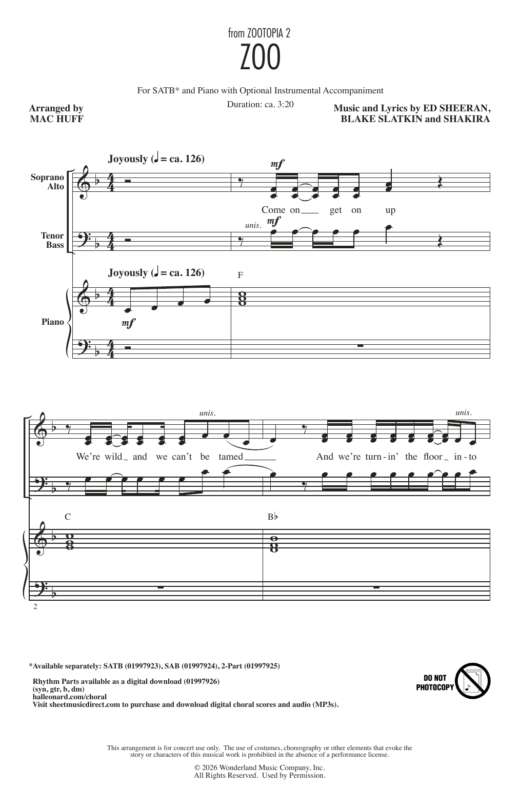Shakira Zoo (from Zootopia 2) (arr. Mac Huff) sheet music notes and chords arranged for SAB Choir