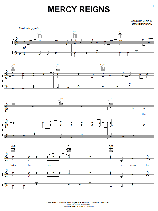 Shane & Shane Mercy Reigns sheet music notes and chords arranged for Piano, Vocal & Guitar Chords (Right-Hand Melody)