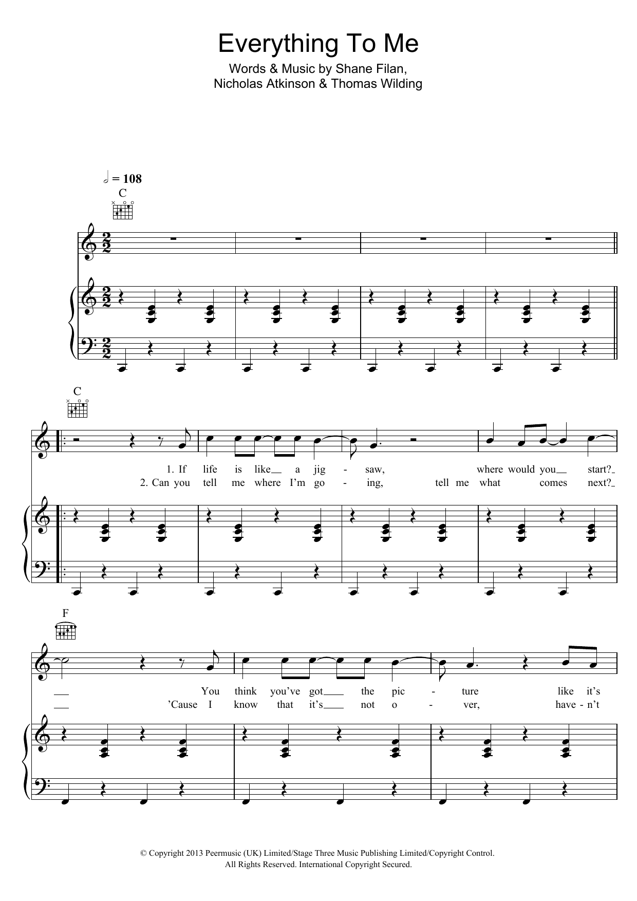 Shane Filan Everything To Me sheet music notes and chords arranged for Piano, Vocal & Guitar Chords