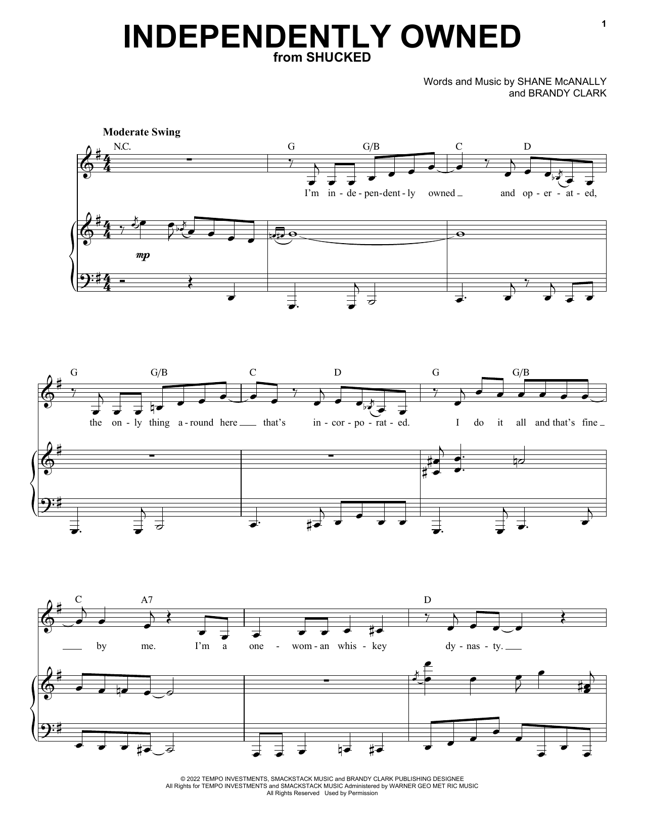 Shane McAnally and Brandy Clark Independently Owned (from Shucked) sheet music notes and chords arranged for Piano & Vocal