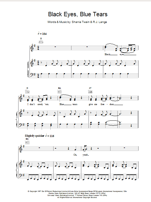 Shania Twain Black Eyes, Blue Tears sheet music notes and chords arranged for Piano, Vocal & Guitar Chords