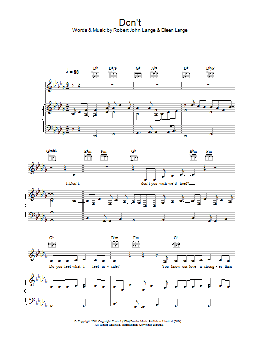 Shania Twain Don't sheet music notes and chords arranged for Piano, Vocal & Guitar Chords (Right-Hand Melody)