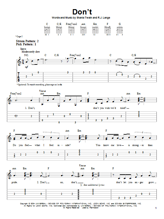 Shania Twain Don't! sheet music notes and chords arranged for Easy Guitar Tab