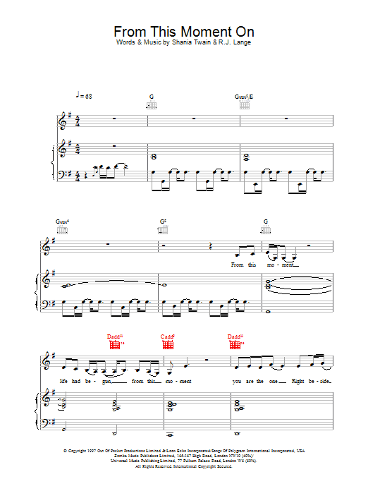 Shania Twain From This Moment On sheet music notes and chords arranged for Piano, Vocal & Guitar Chords