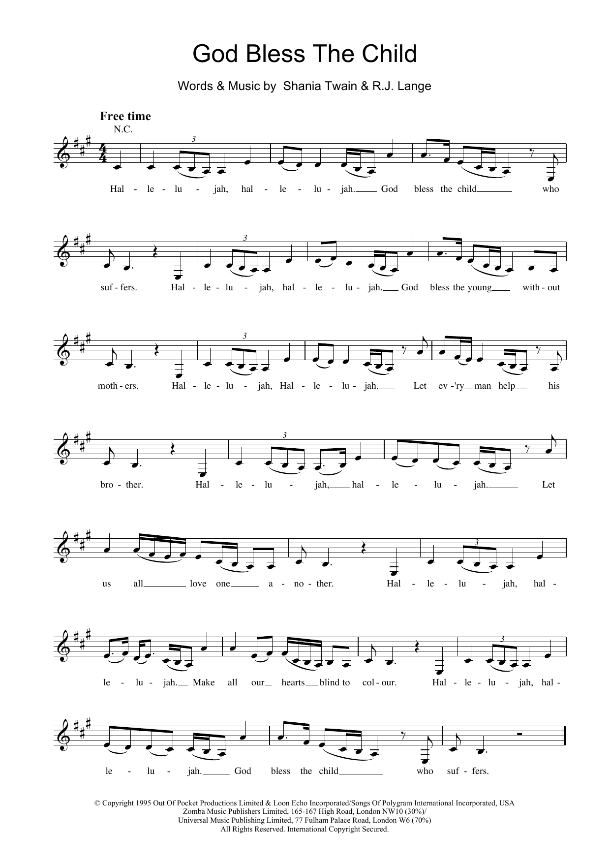 Shania Twain God Bless The Child sheet music notes and chords arranged for Lead Sheet / Fake Book
