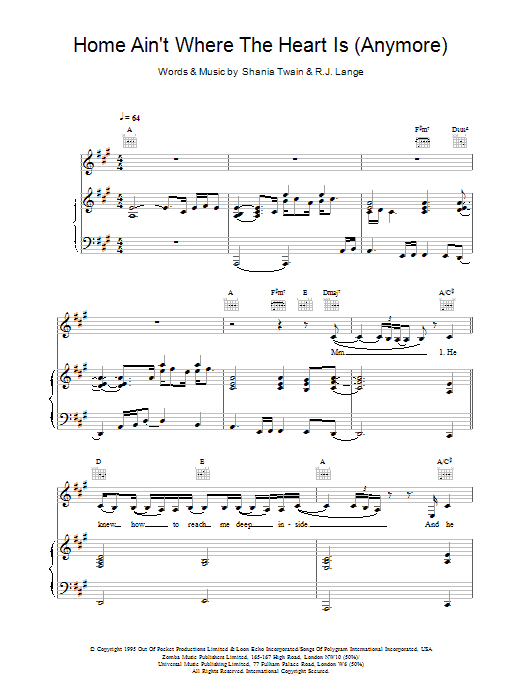Shania Twain Home Ain't Where The Heart Is (Anymore) sheet music notes and chords arranged for Piano, Vocal & Guitar Chords