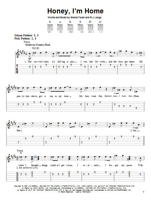 Shania Twain Honey, I'm Home sheet music notes and chords arranged for Easy Guitar Tab