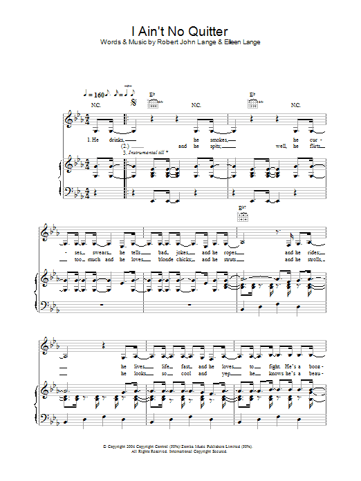 Shania Twain I Ain't No Quitter sheet music notes and chords arranged for Piano, Vocal & Guitar Chords