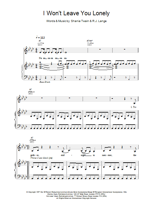 Shania Twain I Won't Leave You Lonely sheet music notes and chords arranged for Piano Chords/Lyrics