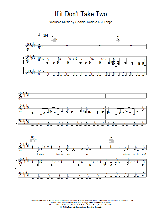 Shania Twain If It Don't Take Two sheet music notes and chords arranged for Piano, Vocal & Guitar Chords