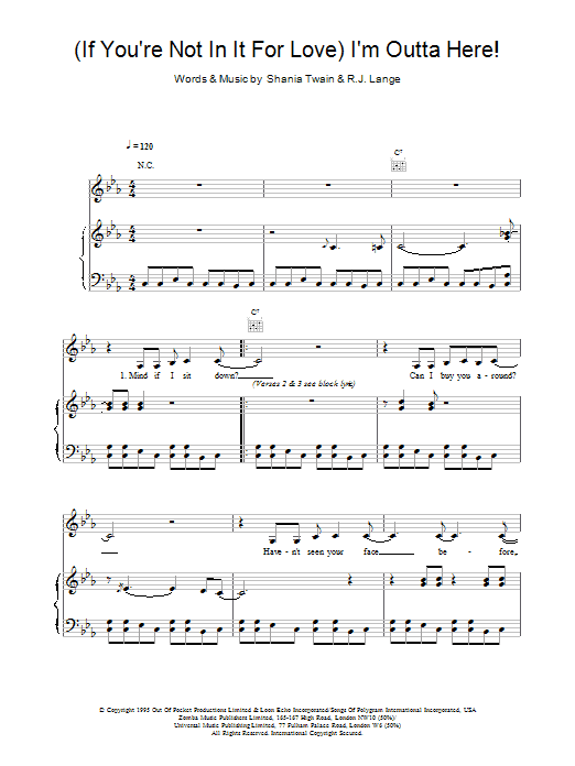 Shania Twain (If You're Not In It For Love) I'm Outta Here! sheet music notes and chords arranged for Piano, Vocal & Guitar Chords