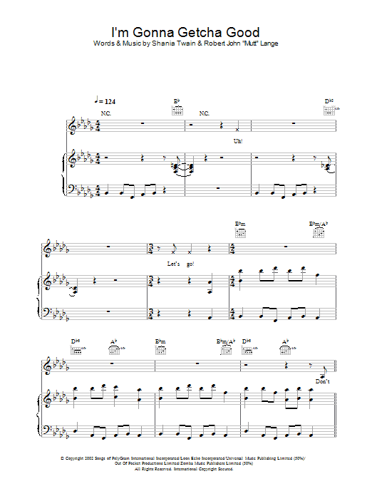 Shania Twain I'm Gonna Getcha Good sheet music notes and chords arranged for Piano, Vocal & Guitar Chords