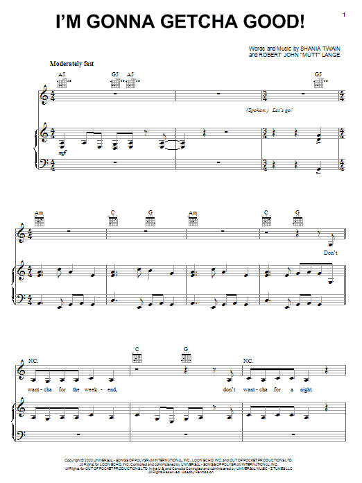 Shania Twain I'm Gonna Getcha Good! sheet music notes and chords arranged for Piano & Vocal