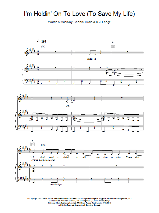 Shania Twain I'm Holdin' On To Love (To Save My Life) sheet music notes and chords arranged for Piano, Vocal & Guitar Chords