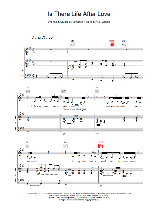 Shania Twain Is There Life After Love sheet music notes and chords arranged for Piano, Vocal & Guitar Chords