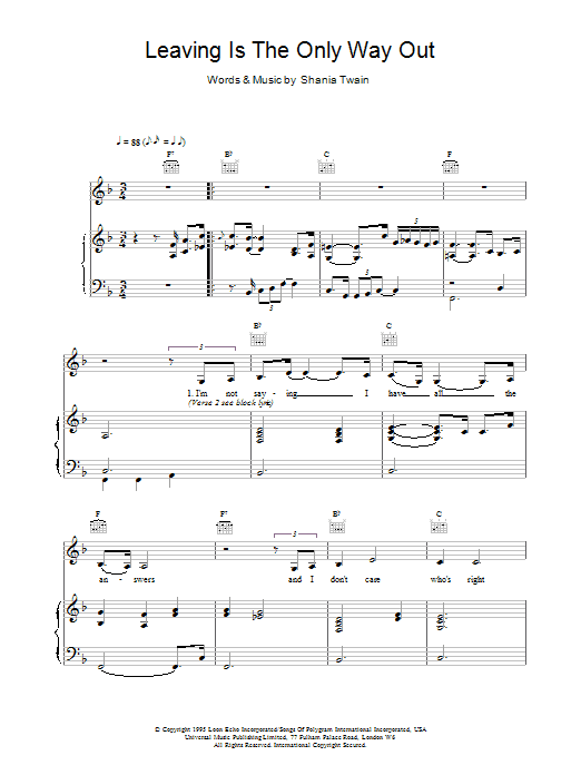 Shania Twain Leaving Is The Only Way Out sheet music notes and chords arranged for Piano, Vocal & Guitar Chords