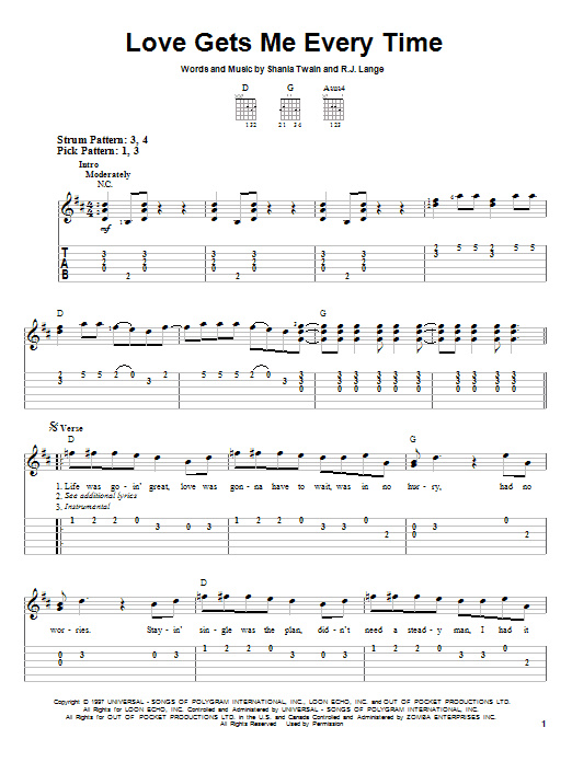 Shania Twain Love Gets Me Every Time sheet music notes and chords arranged for Guitar Chords/Lyrics