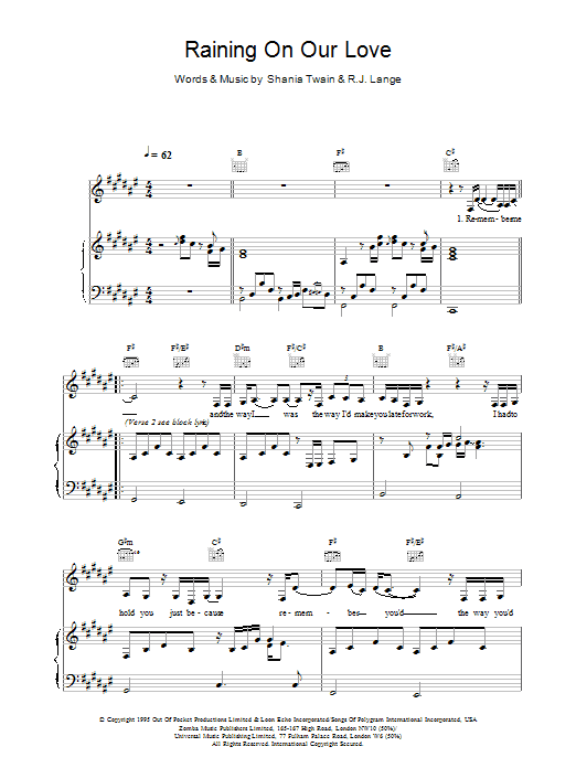 Shania Twain Raining On Our Love sheet music notes and chords arranged for Piano, Vocal & Guitar Chords