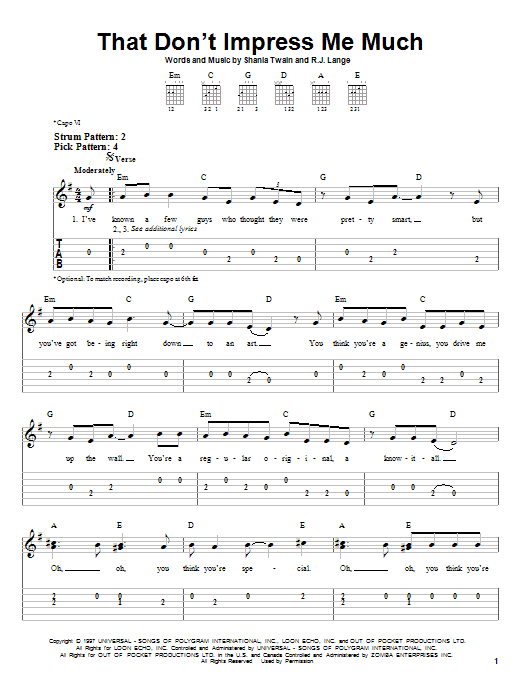 Shania Twain That Don't Impress Me Much sheet music notes and chords arranged for Piano, Vocal & Guitar Chords (Right-Hand Melody)