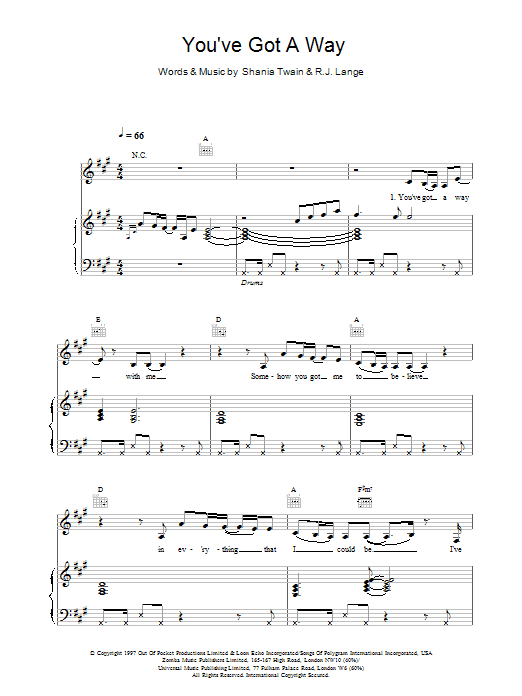 Shania Twain You've Got A Way sheet music notes and chords arranged for Piano, Vocal & Guitar Chords (Right-Hand Melody)