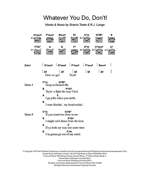 Shania Twain Whatever You Do, Don't! sheet music notes and chords arranged for Guitar Chords/Lyrics