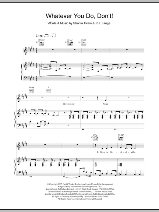 Shania Twain Whatever You Do, Don't! sheet music notes and chords arranged for Piano, Vocal & Guitar Chords
