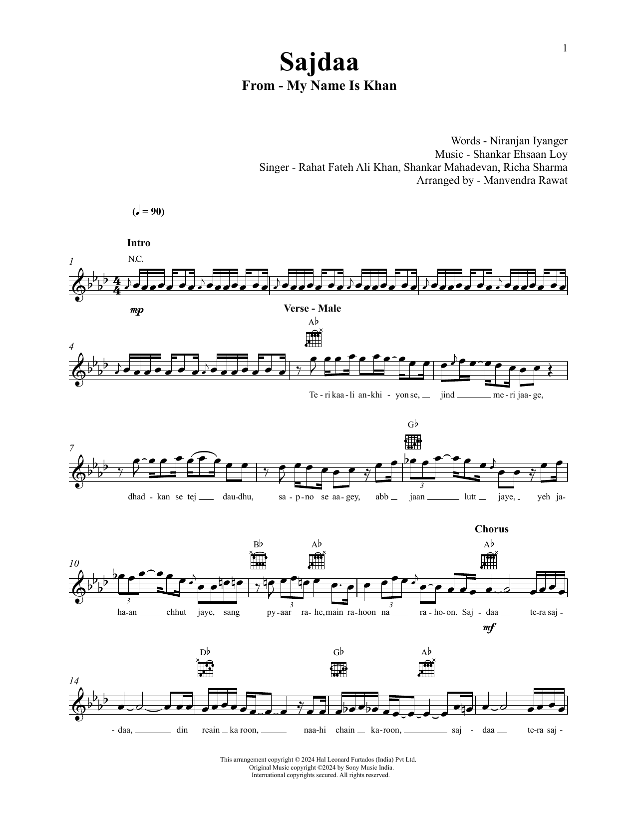 Shankar-Ehsaan-Loy Sajdaa (from My Name Is Khan) sheet music notes and chords arranged for Lead Sheet / Fake Book