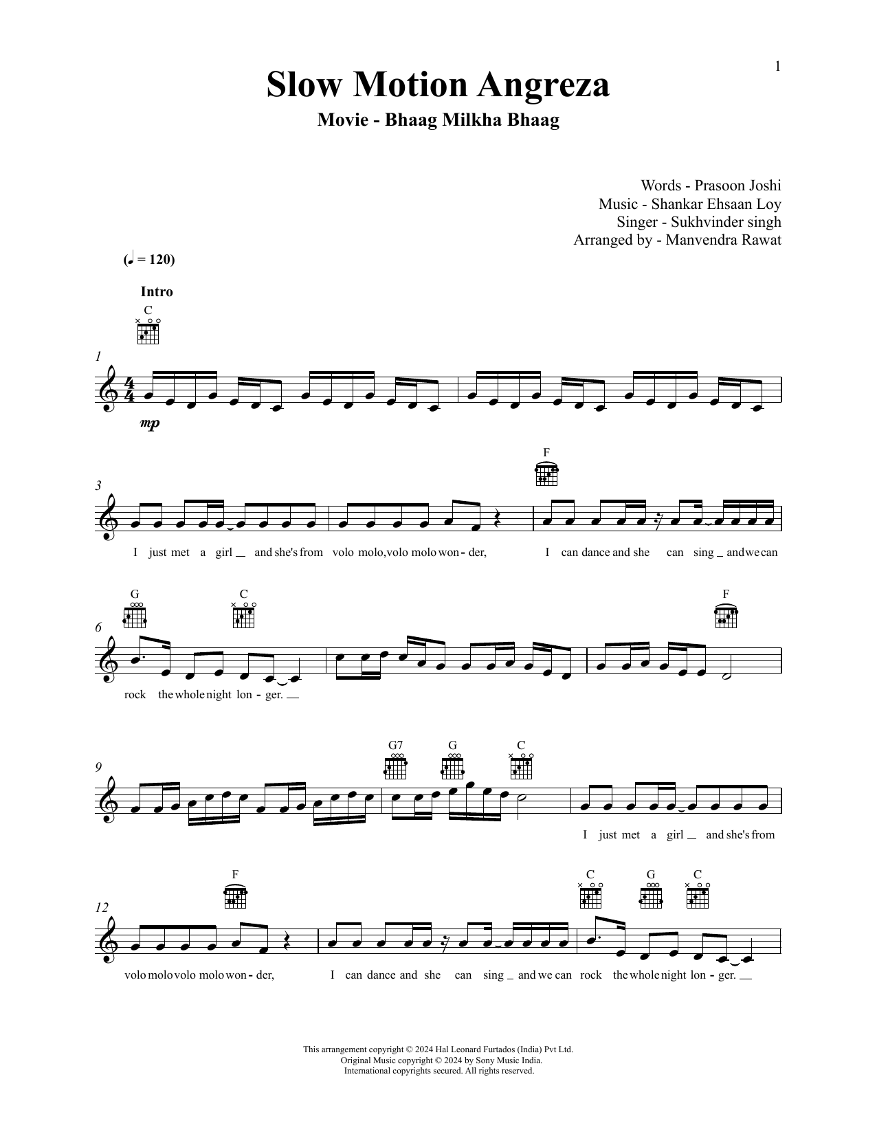 Shankar-Ehsaan-Loy Slow Motion Angreza (from Bhaag Milkha Bhaag) sheet music notes and chords arranged for Lead Sheet / Fake Book