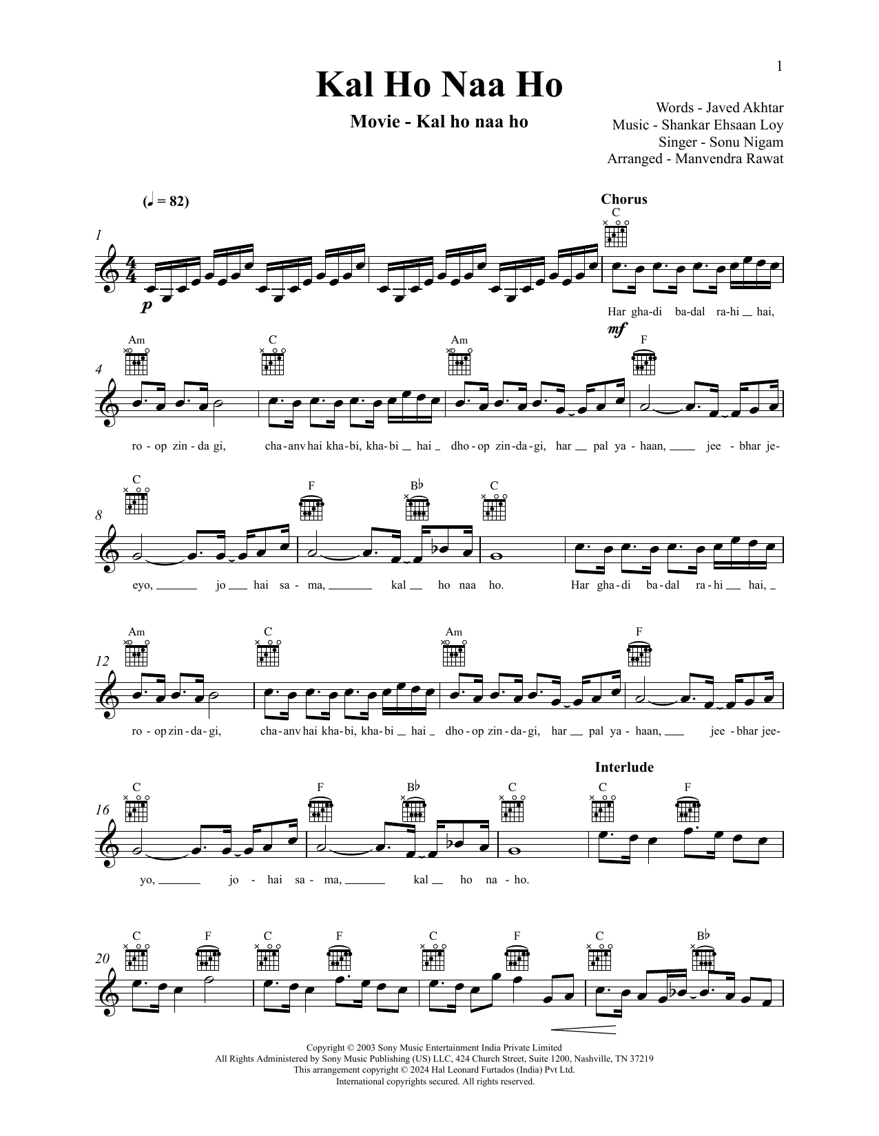 Shankar Mahadevan Kal Ho Na Ho sheet music notes and chords arranged for Lead Sheet / Fake Book