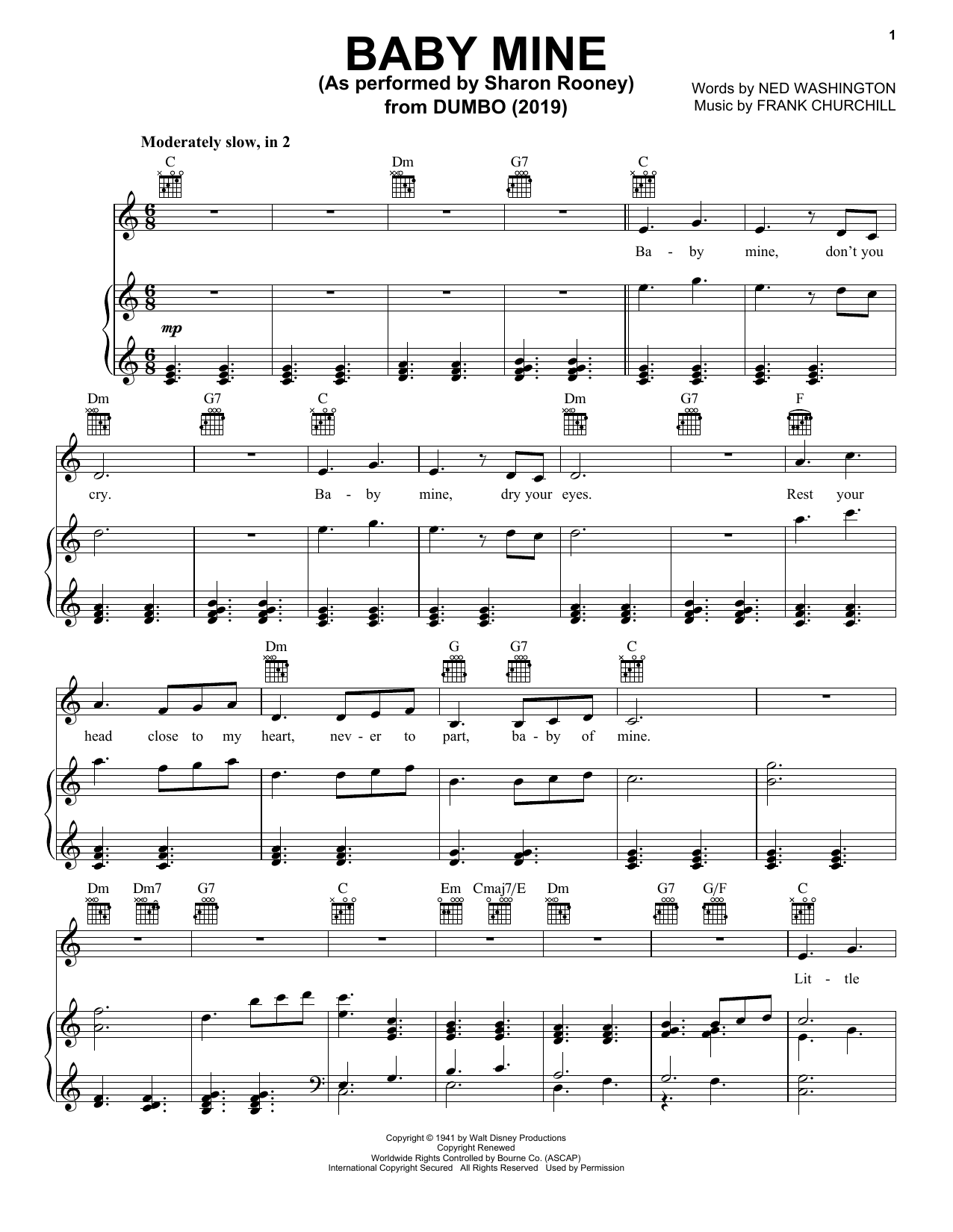 Sharon Rooney Baby Mine (from the Motion Picture Dumbo) (2019) sheet music notes and chords arranged for Piano, Vocal & Guitar Chords (Right-Hand Melody)